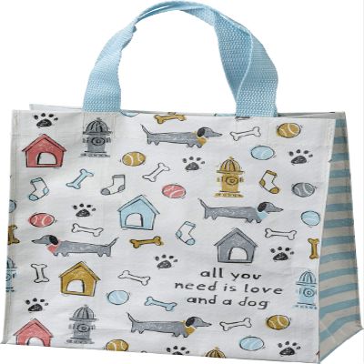 Primitives by Kathy All You Need Is Love And A Dog Daily Tote Bag, double-sided,All You Need Is Love And A Dog sentiment with all-over dog themed block print design/complementing blue straps