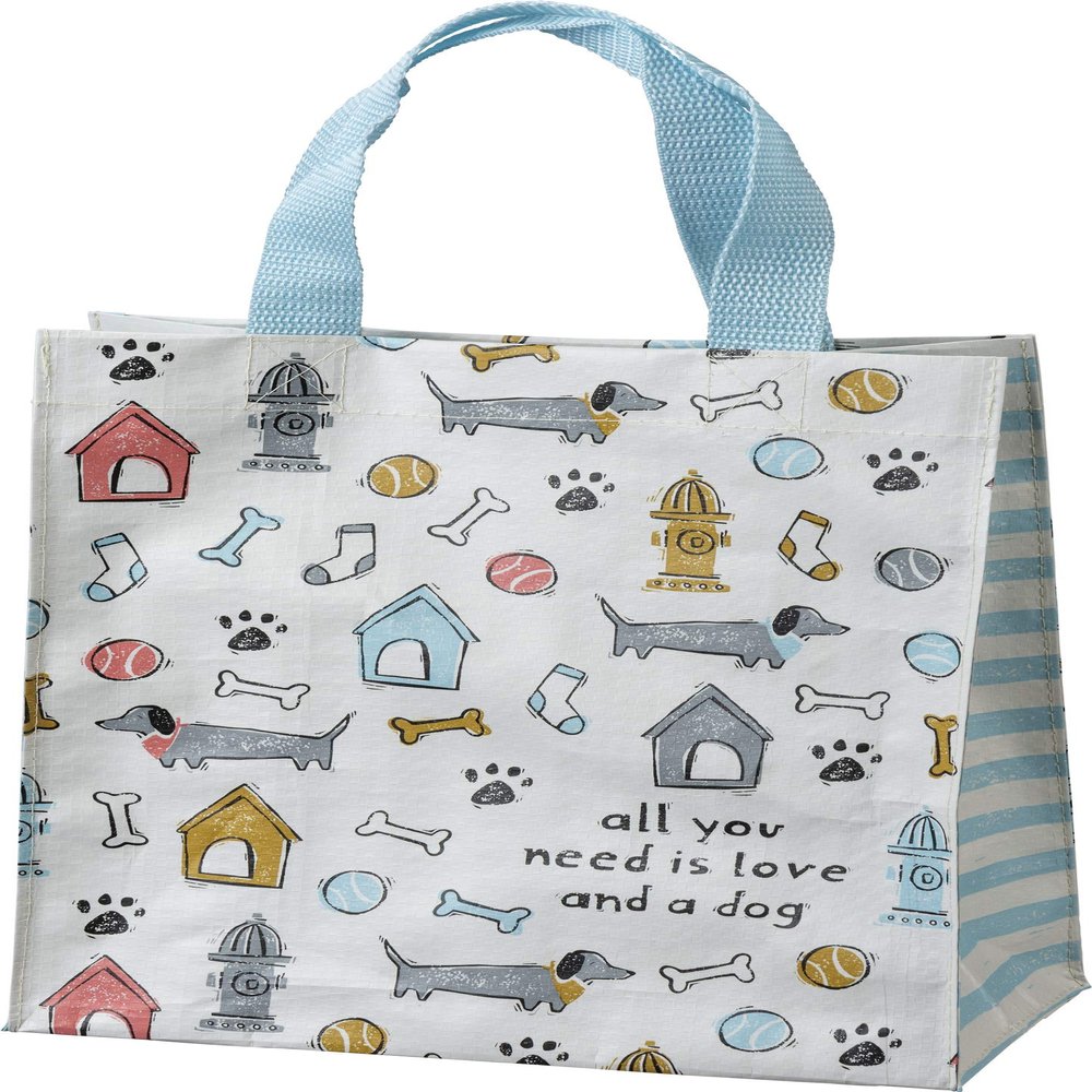 Primitives by Kathy All You Need Is Love And A Dog Daily Tote Bag, double-sided,All You Need Is Love And A Dog sentiment with all-over dog themed block print design/complementing blue straps