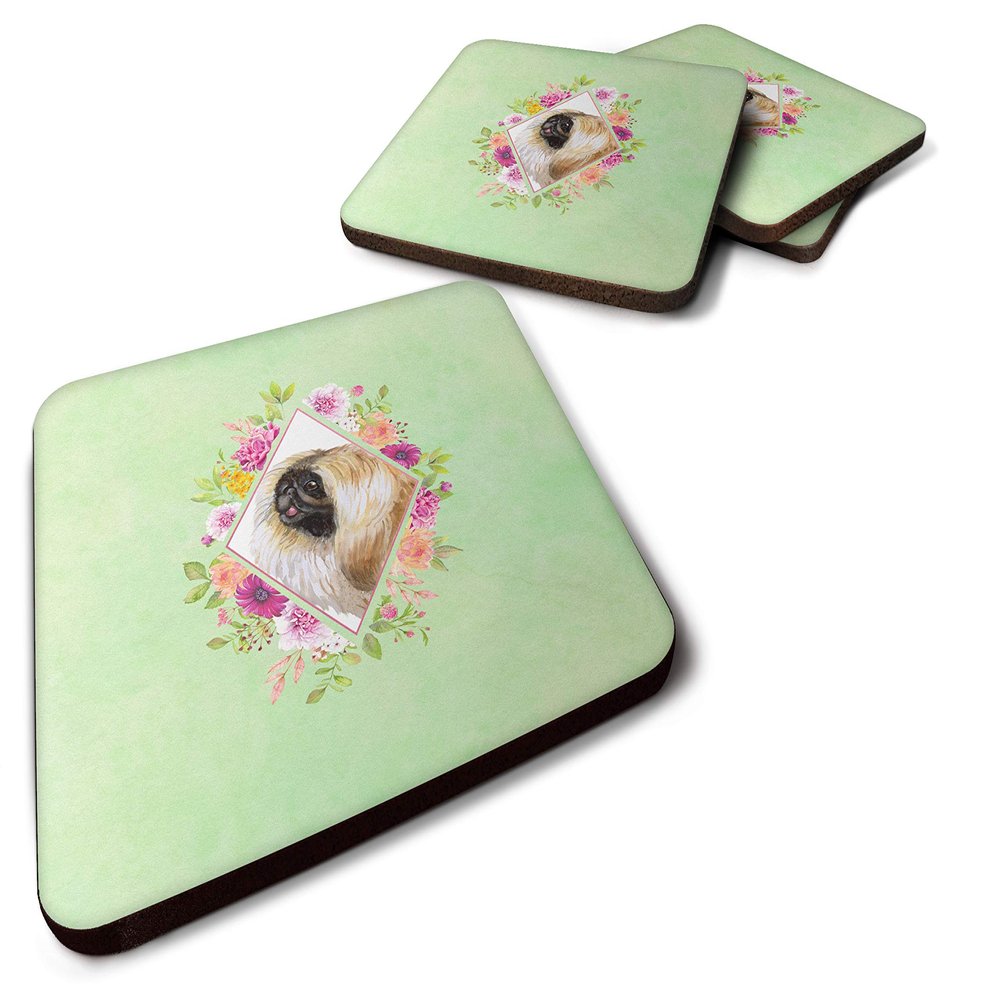 Caroline's Treasures CK4326FC Pekingese Green Flowers Foam Coaster Set of 4 Set of 4 Cup Coasters for Indoor Outdoor, Tabletop Protection, Anti Slip, Mouse pad Material