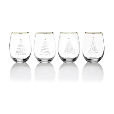 Celebrations by Mikasa Holiday Christmas Trees Stemless Wine, Set of 4, 18 Ounce