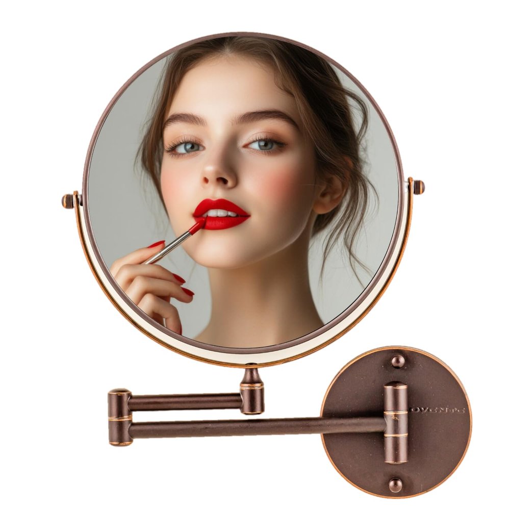 OVENTE 9" Wall Mounted Makeup Mirror with 1X/10X Magnification, Double Sided Magnifying Round Bathroom Vanity Mirror, 360 Swivel Design, Extendable and Folding Arm, Antique Bronze MNLFW90ABZ1X10X
