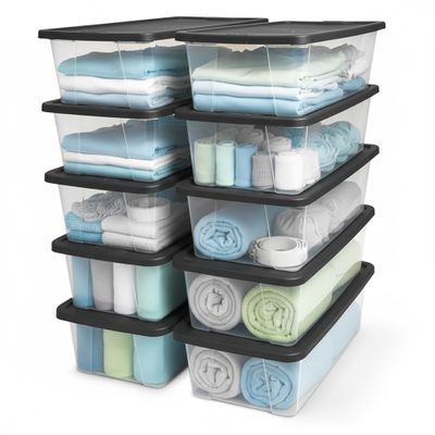 HOMZ 10-Pack Snaplock, Small Clear Plastic Storage Organizer Bins w/Lids, 6 Quart, Gray - Stackable Container Boxes for Bedroom, Bathroom, Garage, and Office Organization