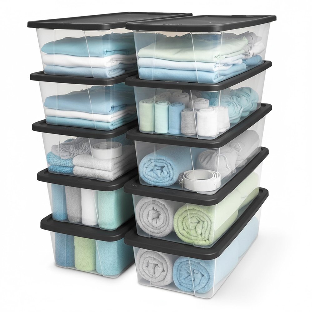 HOMZ 10-Pack Snaplock, Small Clear Plastic Storage Organizer Bins w/Lids, 6 Quart, Gray - Stackable Container Boxes for Bedroom, Bathroom, Garage, and Office Organization