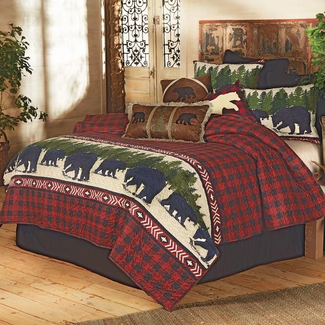 BLACK FOREST DECOR Arrowhead Plaid Bear Quilt Bed Set - King  Rustic Wildlife Bedding, 105" x 95" Quilt with Shams