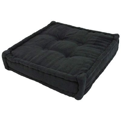 20 Inch Traditional Microsuede Fabric Square Large Floor Pillow, Transitional Classic Corded Edging Ultra Soft Cozy Comfy Foam Fill Attractive Style Solid Color Black Button Tufted Floor Pillow