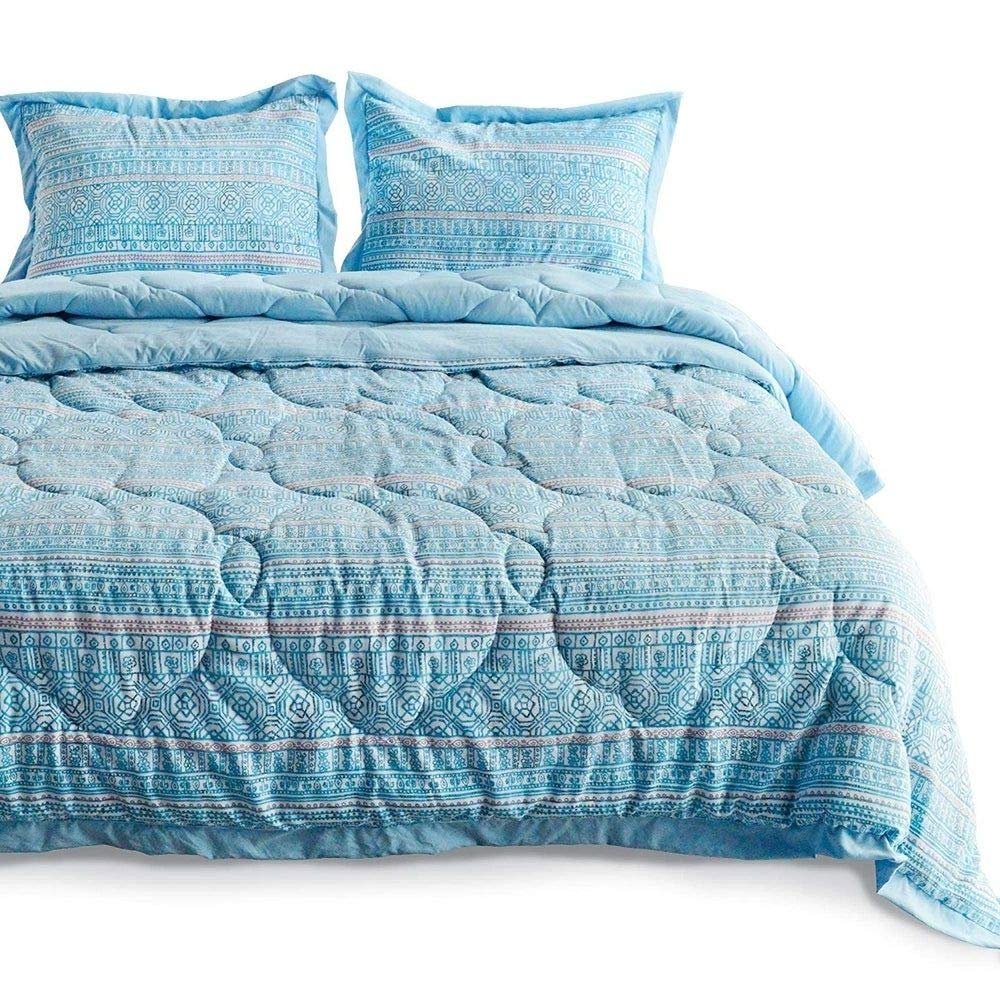 3 Piece Mid-Century Modern Goose Down Alternative Comforter Twin Printed Geometric Pattern Bedspread Stylish Border Trim Design Microfiber All Season Blue Shabby Chic Bedding Reversible Comforter Set