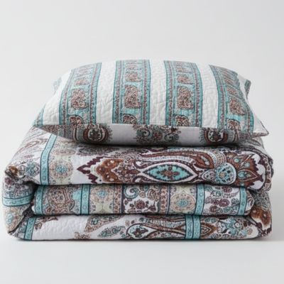 DaDa Bedding Bohemian Reversible Cozy Paisley Floral Bedspread Set - Bright Buta Folky Vibrant Colorful Coverlet - Turquoise Blue Red Orange with White Background - Cal King - 3-Pieces
