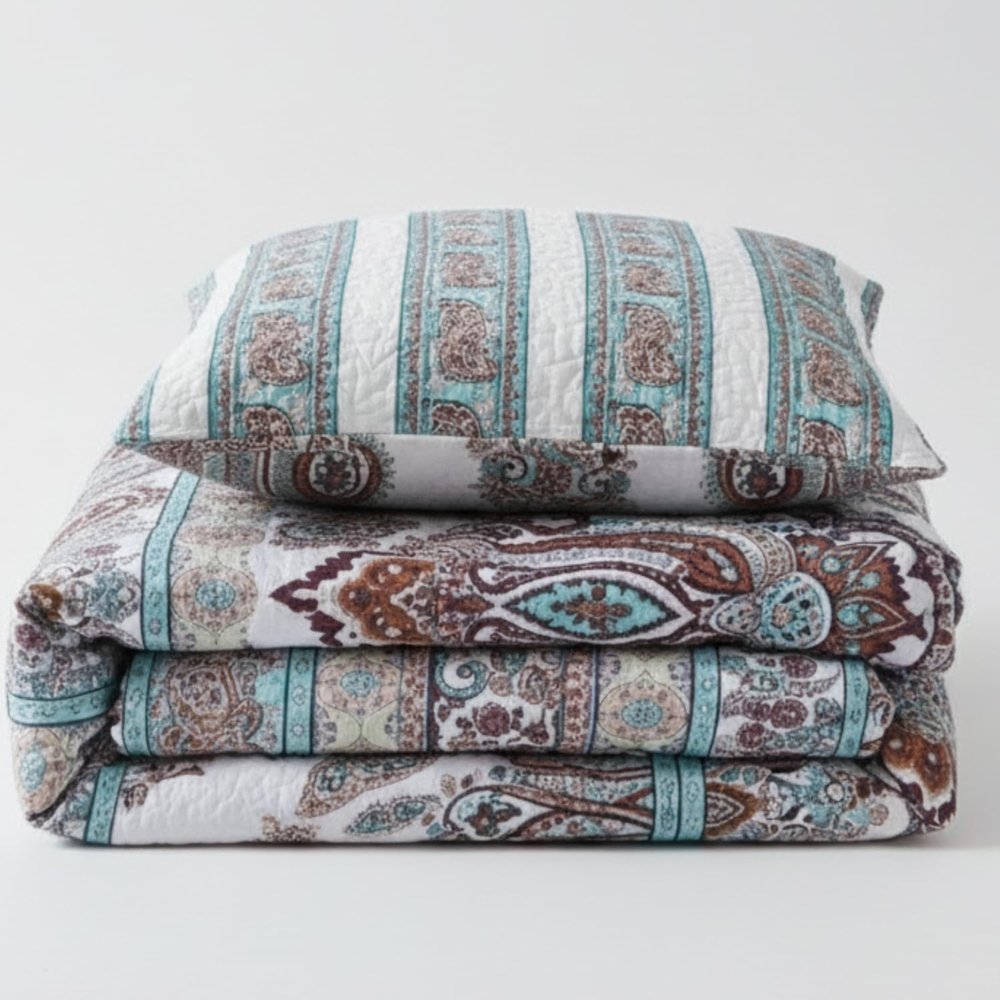 DaDa Bedding Bohemian Reversible Cozy Paisley Floral Bedspread Set - Bright Buta Folky Vibrant Colorful Coverlet - Turquoise Blue Red Orange with White Background - Cal King - 3-Pieces