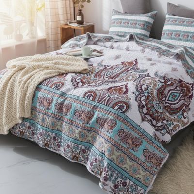 DaDa Bedding Bohemian Summertime Cozy Floral Bedspread Set - Paisley Beach Vibes Bright Vibrant Colorful Reversible Coverlet - Turquoise Blue Red Orange with White Background - Twin - 2-Pieces