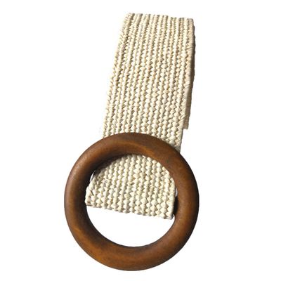 Andongnywell Womens Straw Elastic Belt Round Wooden Buckle Braided Summer Stretch Dress Belt Woven Belt for Jeans (Beige 1)