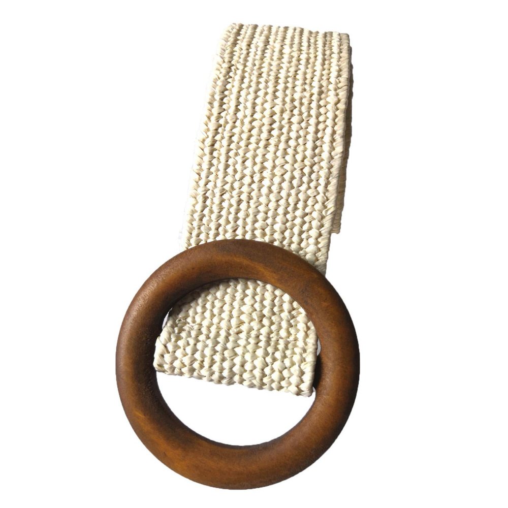 Andongnywell Womens Straw Elastic Belt Round Wooden Buckle Braided Summer Stretch Dress Belt Woven Belt for Jeans (Beige 1)