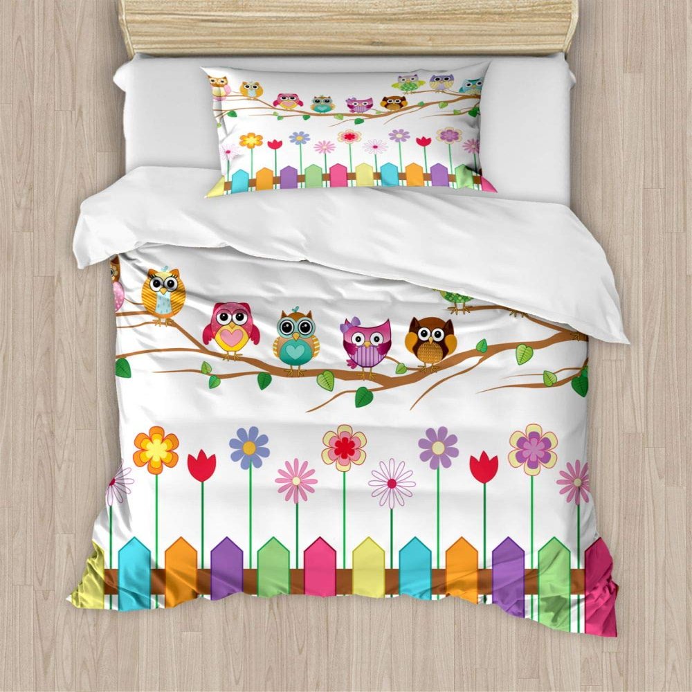 2 Piece Countryside Owls Duvet Cover Twin Whimsical Novelty Pattern Featuring Sunny Day Owls Fences Wildflowers Holidays Art Farmhouse Bedding Set 100% Brushed Microfiber Luxury Soft Cozy Comfy