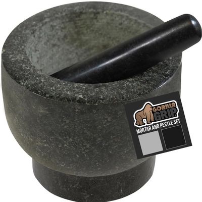 GORILLA GRIP 100% Natural Granite Stone Mortar and Pestle Set, 2 Cup, Non-Scratch Base, Heavy Duty Polished Molcajete Guacamole Salsa Bowl, Grind Seeds, Garlic, Herbs, Spices, Kitchen Muddler, Black