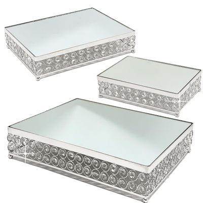 allgala Wedding Cake Stands 3-Piece Set Crystal Silver Cheese Dessert Cupcake Cake Stand with Mirror Plate-Silver Rectangle-HD89205