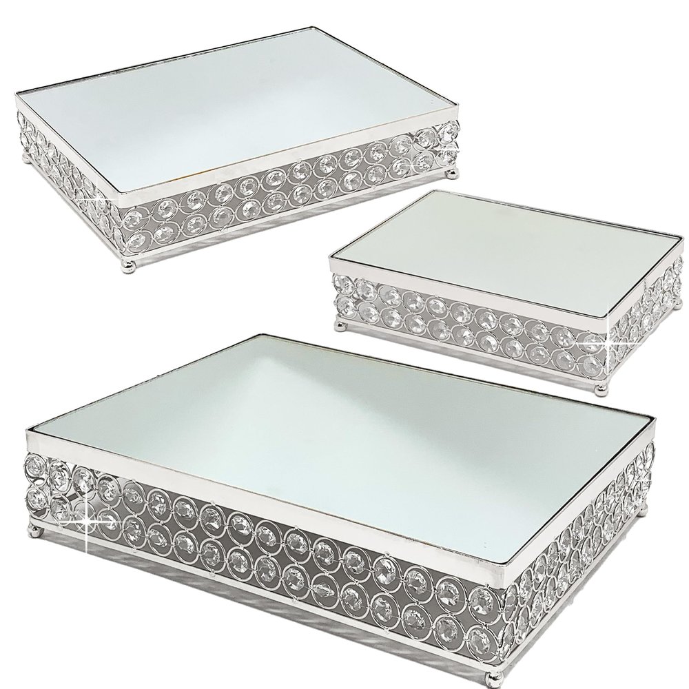 allgala Wedding Cake Stands 3-Piece Set Crystal Silver Cheese Dessert Cupcake Cake Stand with Mirror Plate-Silver Rectangle-HD89205