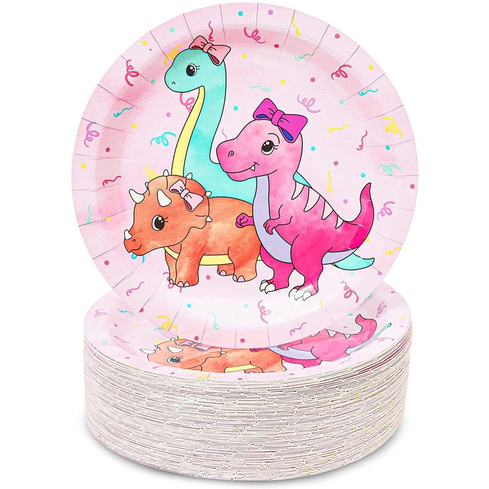 Blue Panda Happy Birthday Dinosaur Pastel Cake Paper Plates - 80-Pack, 9-Inch, Multicolor - Pink Dinosaur Party Plates for Birthday Party Tableware