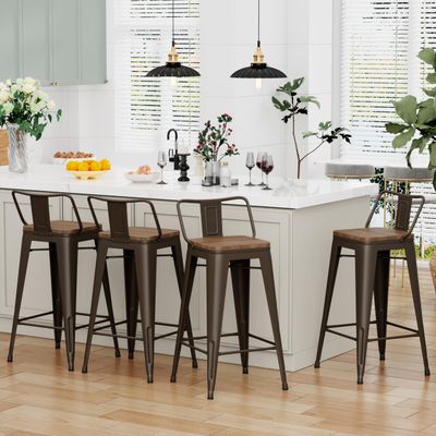 Alunaune 26" Metal Barstools Set of 4, Industrial Counter Height Bar Stools Kitchen Island Bar Chairs Wooden Seat Low Back-Rusty