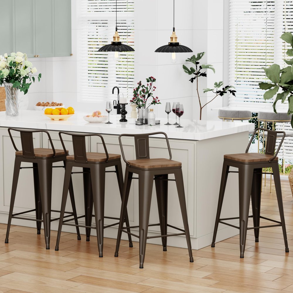 Alunaune 26" Metal Barstools Set of 4, Industrial Counter Height Bar Stools Kitchen Island Bar Chairs Wooden Seat Low Back-Rusty