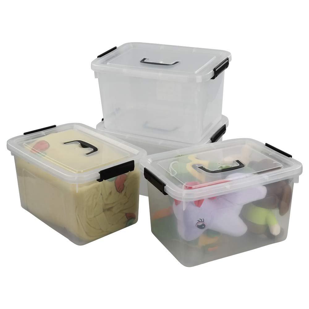 Begale 10.5 Quart Plastic Medium Storage Container, Clear Latch Bin with Handle and Lid, 4-Pack
