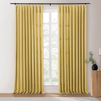 Drapifytex 52Wx84L Pinch Pleat Cotton Linen Blended Window Curtain, 84 Inches Long Light Filtering Heavyweight Drapery for Bedroom, Yellow Living Room Window Drape Decoration, 1 Panel