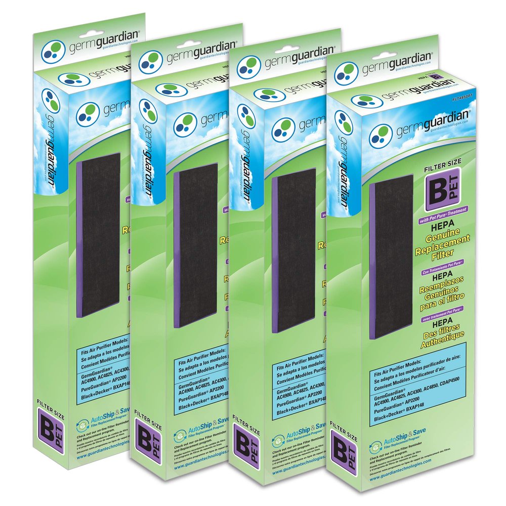 GermGuardian Pet Pure HEPA Genuine Replacement Filter B, Removes 99.97% of Pollutants for AC4825, AC4820, AC4850, AC4870, CDAP4500, AC4900, AC4300, AP2200, 4- Pack, Black/Purple, FLT4850PT4PK