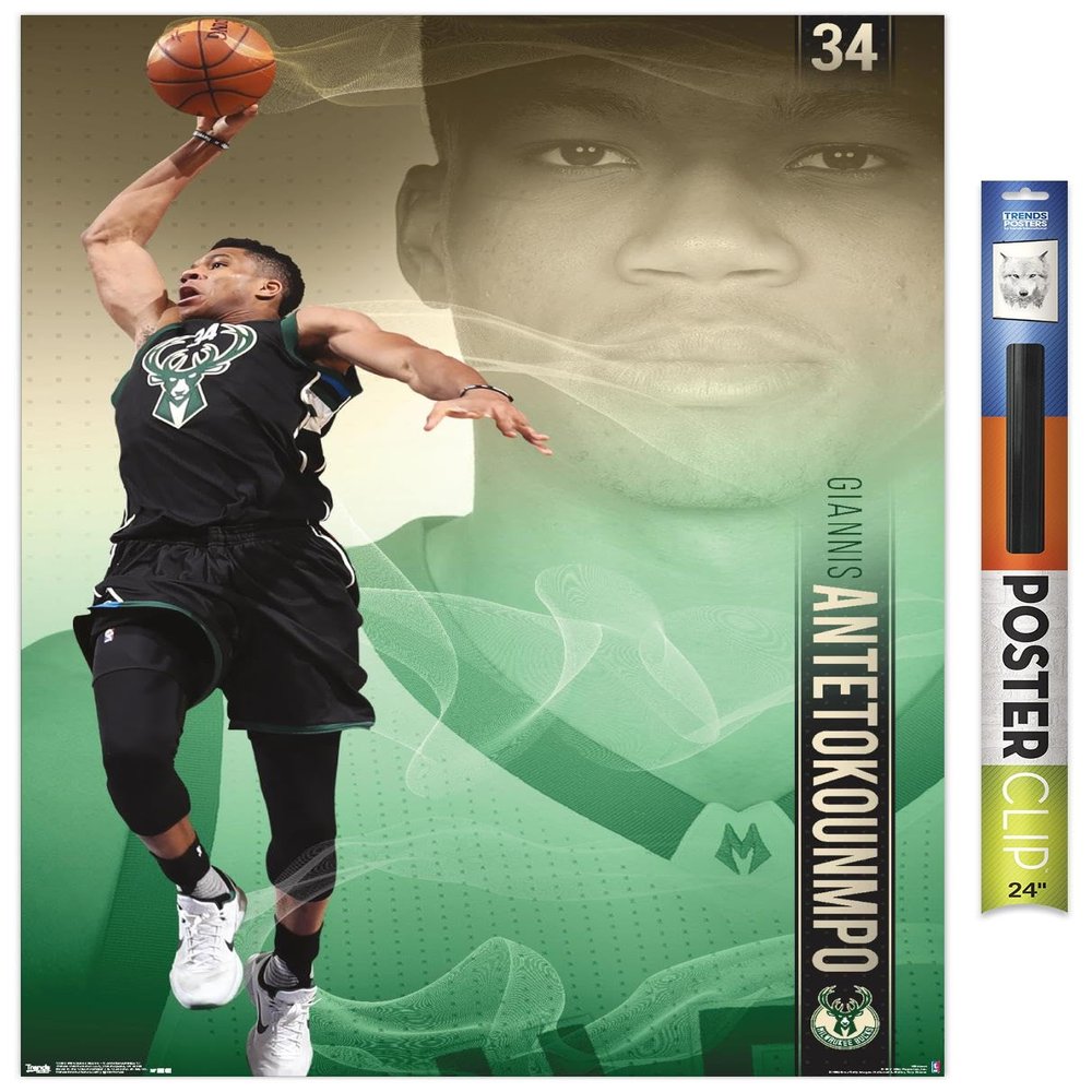 Trends International NBA Milwaukee Bucks - Giannis Antetokounmpo 17 Wall Poster, 22.375" x 34", Premium Poster & Clip Bundle