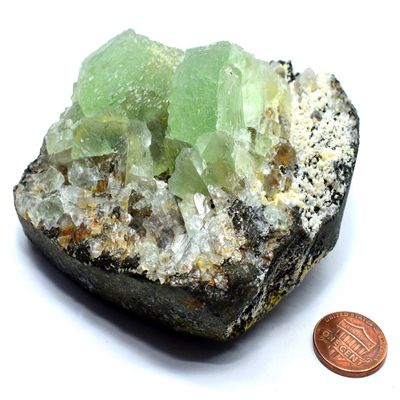 2400ct 92mm Translucent Jade Green Fluorite Cubes w/Sparkling Clear Quartz Points & White Calcite Crystals Cluster on Granite Base Natural Gemstone Mineral Specimen - China