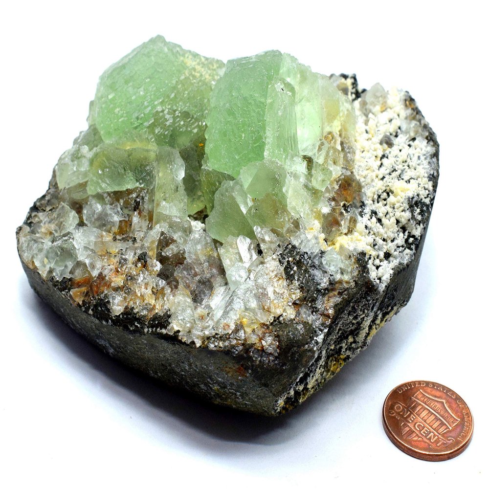 2400ct 92mm Translucent Jade Green Fluorite Cubes w/Sparkling Clear Quartz Points & White Calcite Crystals Cluster on Granite Base Natural Gemstone Mineral Specimen - China