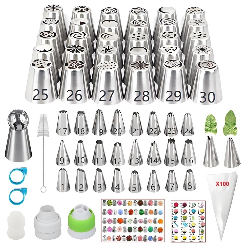 ANSLYQA Russian Piping Tips Set, 166 Pcs with 30 Numbered Russian Tips, 24 Numbered Icing Tips, 1 Ball Tip, 2 Leaf Tips, Pattern Chart, 3 Couplers, 100 Pastry Bags & More for Cake Cupcake Decorating