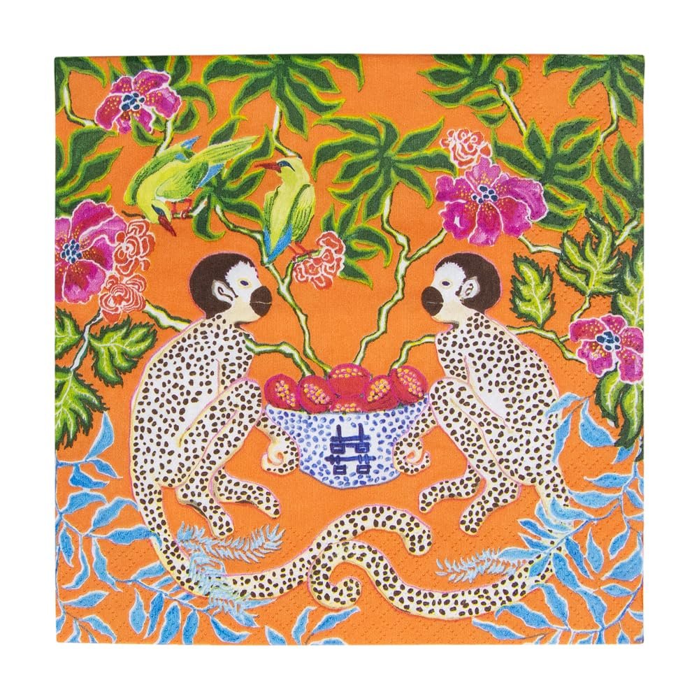 Caspari Monkeys Paper Luncheon Napkins in Orange - Four Packs of 20