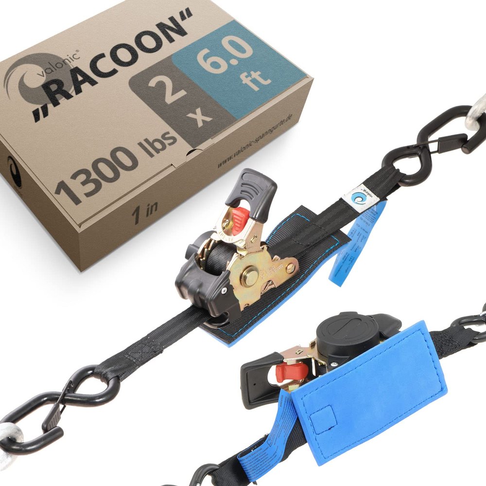 valonic Racoon - Retractable Ratchet Straps - 1300 lbs, with Protection pad and Hooks, 6 ft x 1 in, 2 Pack Black - Boat tie Down Straps