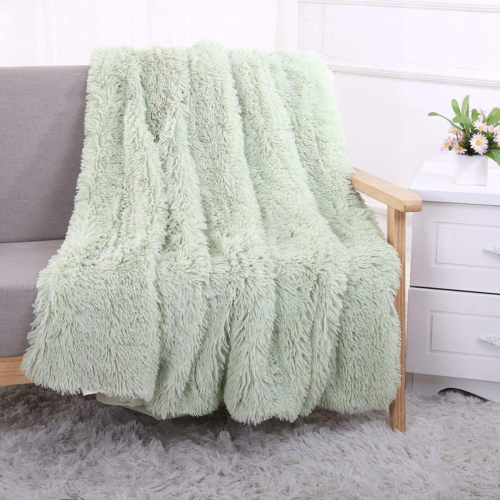 63x79inch Cozy Luxury Faux Fur Throw Blanket Light Green Plush Long Shaggy Super Soft Blanket Flurry Warm Blanket Home Decorative Throw Bed Couch Sofa