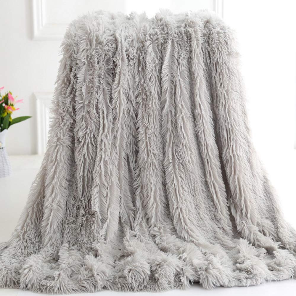 63x79inch Cozy Luxury Faux Fur Throw Blanket Light Grey Plush Long Shaggy Super Soft Blanket Flurry Warm Blanket Home Decorative Throw Bed Couch Sofa