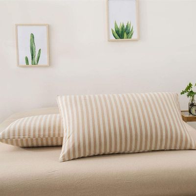 vctops Queen Size Stripe 100% Cotton Bed Pillowcases Set of 2 Soft Cozy Jersey Knit Pillow Cases with Envelope Closure (Brown Queen Size Stripe B, 19x29 Inches)