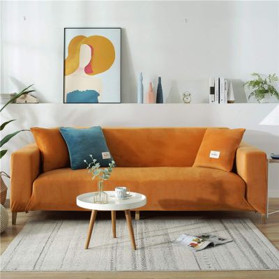 Stretch Sofa Cover,Velvet Plush Sofa Slipcover Anti-Slip Couch Cover 1-Piece Slipcover Sectional Sofa Protector Cover Orange 3 Seater 75-91in