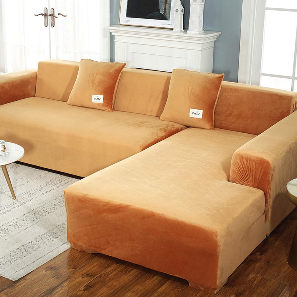 Stretch Sofa Cover,Velvet Plush Sofa Slipcover Anti-Slip Couch Cover 1-Piece Slipcover Sectional Sofa Protector Cover Orange 4 Seater 92-118in