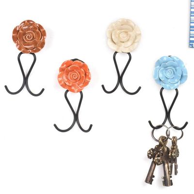 Indian Shelf Pack of 4 Ceramic Wall Hooks for Hanging Clothes - Multicolor Flower Vintage Coat Hook - Ceramic Farmhouse Hooks - Flower Wall Mounted Key Hooks