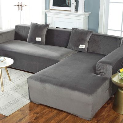 Stretch Sofa Cover,Velvet Plush Sofa Slipcover Anti-Slip Couch Cover 1-Piece Slipcover Sectional Sofa Protector Cover Gray 4 Seater 92-118in