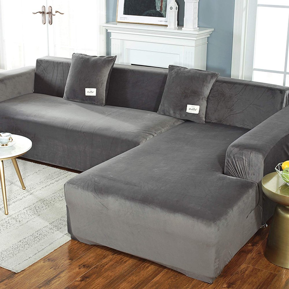 Stretch Sofa Cover,Velvet Plush Sofa Slipcover Anti-Slip Couch Cover 1-Piece Slipcover Sectional Sofa Protector Cover Gray 4 Seater 92-118in