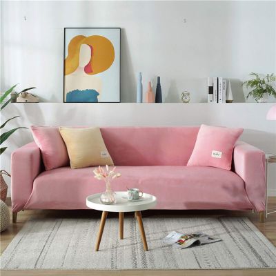 Stretch Sofa Cover,Velvet Plush Sofa Slipcover Anti-Slip Couch Cover 1-Piece Slipcover Sectional Sofa Protector Cover Pink 1 Seater 35-55in