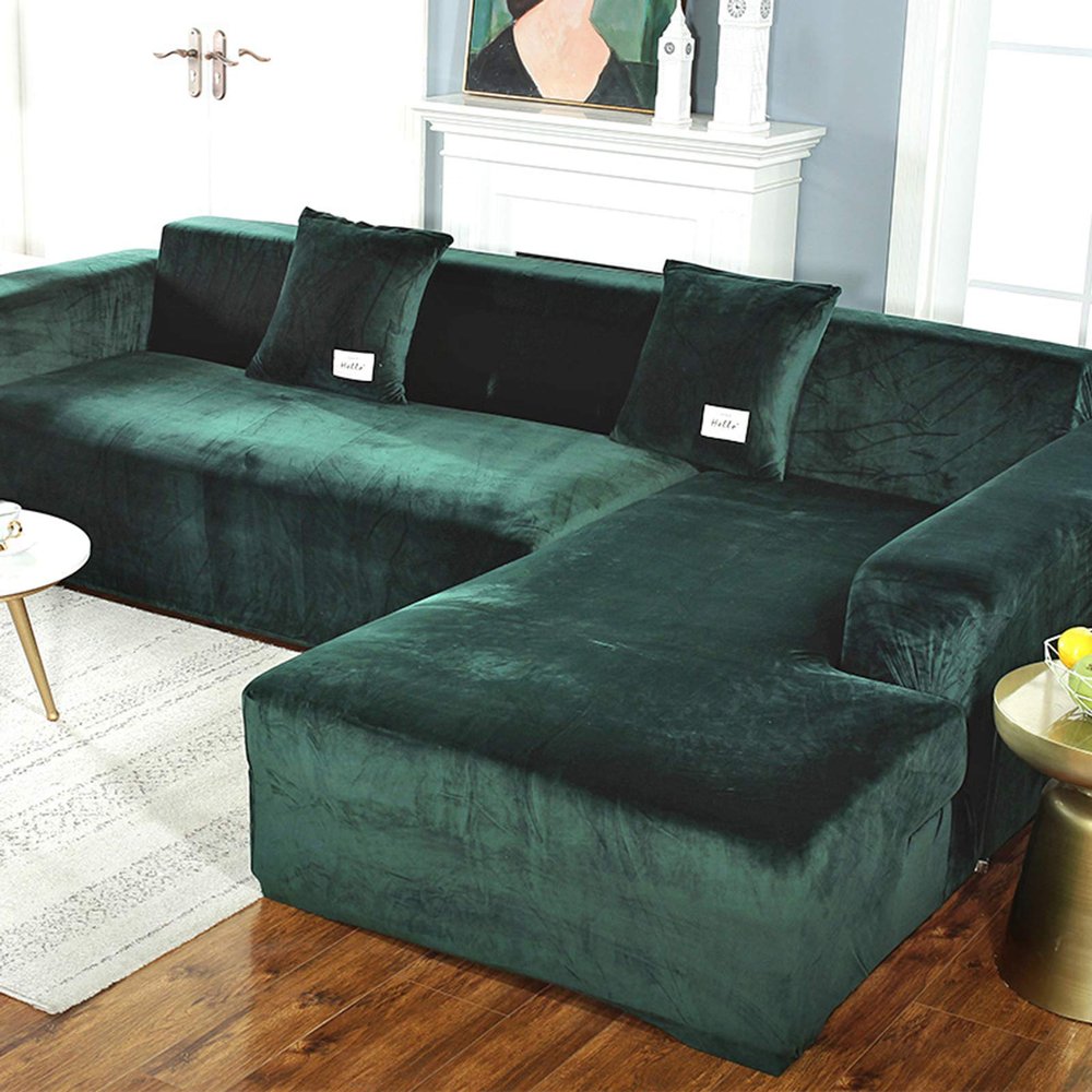 Stretch Sofa Cover,Velvet Plush Sofa Slipcover Anti-Slip Couch Cover 1-Piece Slipcover Sectional Sofa Protector Cover Green 2 Seater 140-185cm(55-73inch)