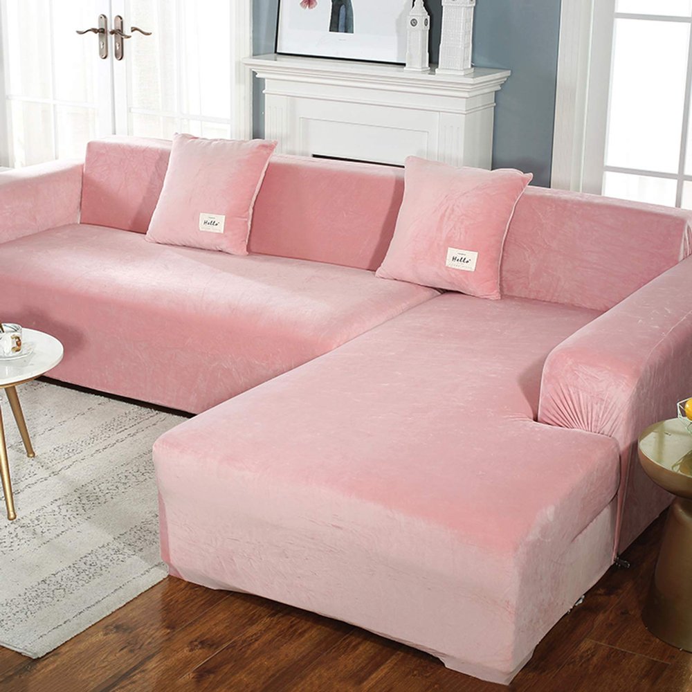 Stretch Sofa Cover,Velvet Plush Sofa Slipcover Anti-Slip Couch Cover 1-Piece Slipcover Sectional Sofa Protector Cover Pink 4 Seater 92-118in