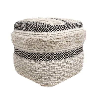 Pasargad Home Grandcanyon Premium Cotton Pouf, 100% Cotton Pouf, Hand Woven- Polly Beads- Sitting, Foot Stool - Square Poufs for Living Room - Luxury Room Decor, 17" x 17" x 17", Ivory/Black