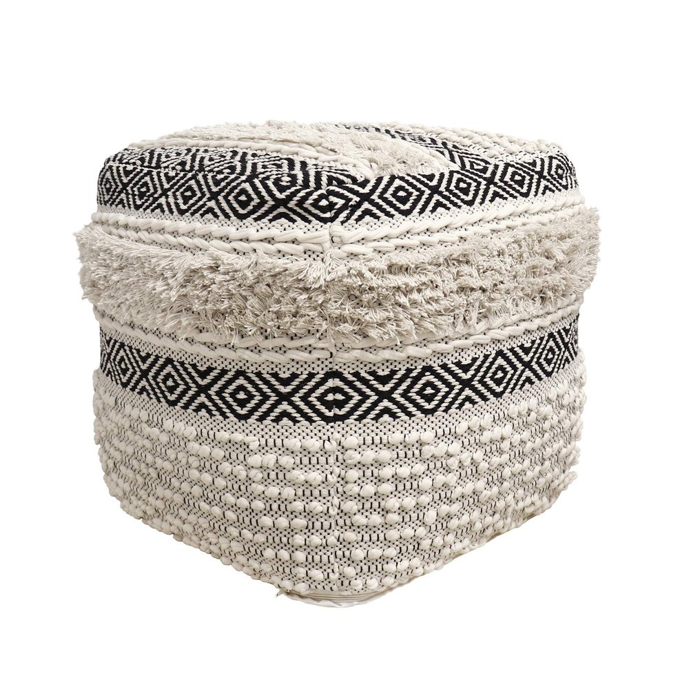 Pasargad Home Grandcanyon Premium Cotton Pouf, 100% Cotton Pouf, Hand Woven- Polly Beads- Sitting, Foot Stool - Square Poufs for Living Room - Luxury Room Decor, 17" x 17" x 17", Ivory/Black