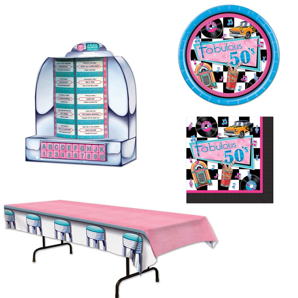 Nostalgic Fabulous 50s Themed Decorations Table Cover Plates Napkins Centerpiece 34 Piece Bundle Great for Sock Hop, Soda Shop, 1950s, Dance Diner Parties