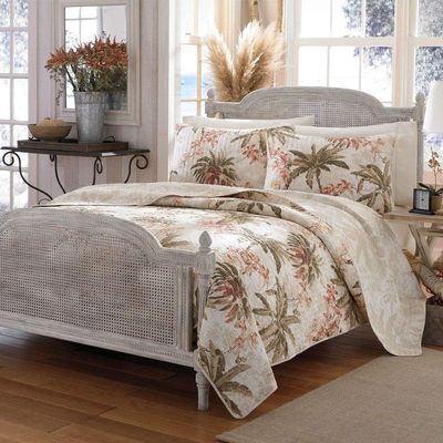 3 Piece Full - Queen Tropical Floral Pattern Channel Quilted Cotton Quilt Set, Beautiful Reversible Flower Silhouette Design Super Soft Comfy Durable Colorful Orange Beige Quilt Set, Coastal Decor