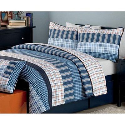 3 Piece Modern & Contemporary All Season Plaid Quilt 100% Cotton Cozy Line Navy Orange Stripe Chambray Stripe Patchwork Quilt Set Traditional Blue Bedding Queen Cozy Comfy Reversible Bedroom Decor