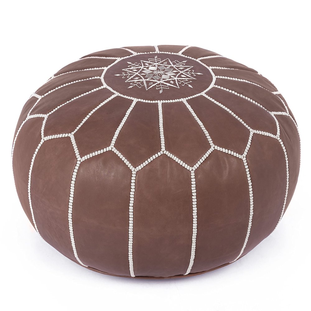 Marrakesh Gallery Genuine Leather Round Pouf Unstuffed - Moroccan Ottoman Footstool, Footrest Cover - Boho Decor - Bohemian Living Room, Bedroom, Kids Room, Gift & Wedding