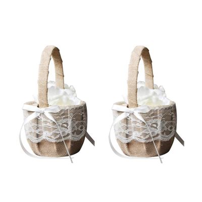 2pcs Wedding Flower Girl Basket Ribbon Linen Flower Girl Basket Vintage Holder for Rustic Style Wedding Decoration