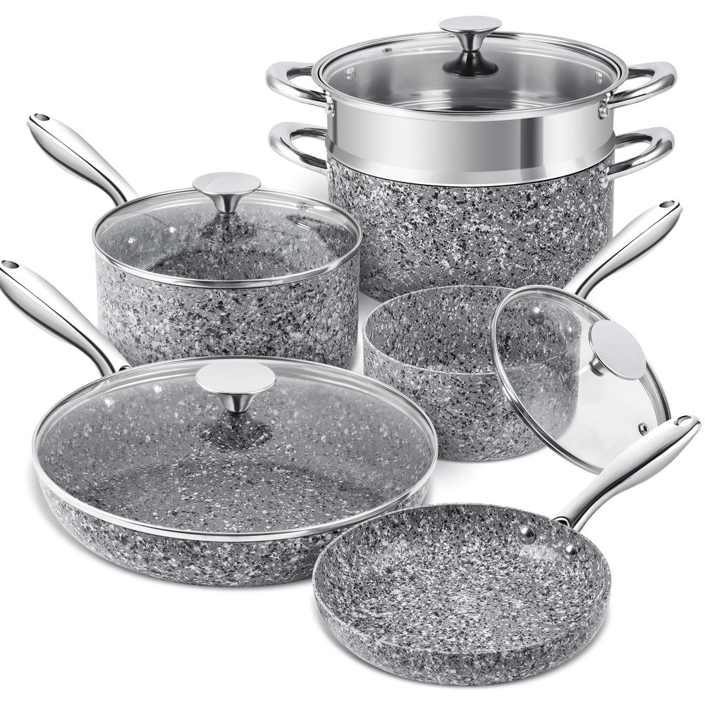 MICHELANGELO Stone Cookware Set 10 Piece, Ultra Nonstick Pots and Pans Set with Stone-Derived Coating, Kitchen Cookware Sets, Stone Cookware Sets, Granite Pots and Pans - 10 Piece